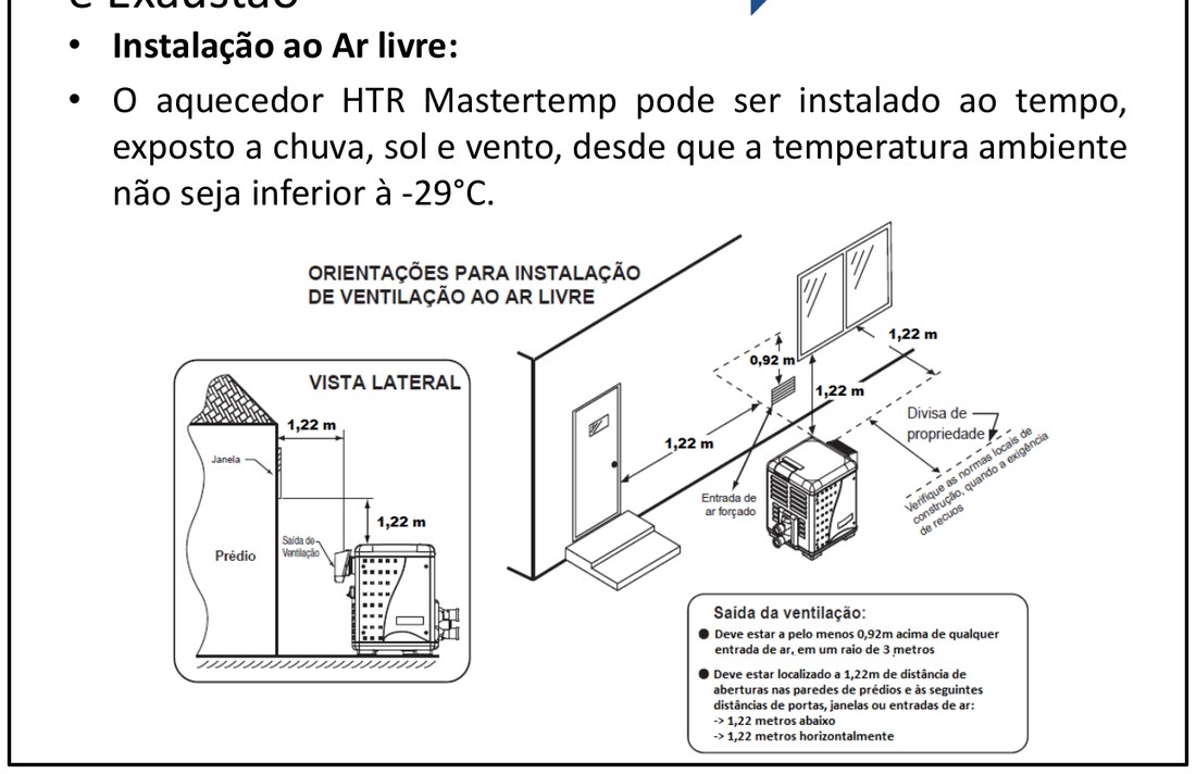 Orientações para instalação ao ar livre do aquecedor MasterTemp, com distâncias mínimas